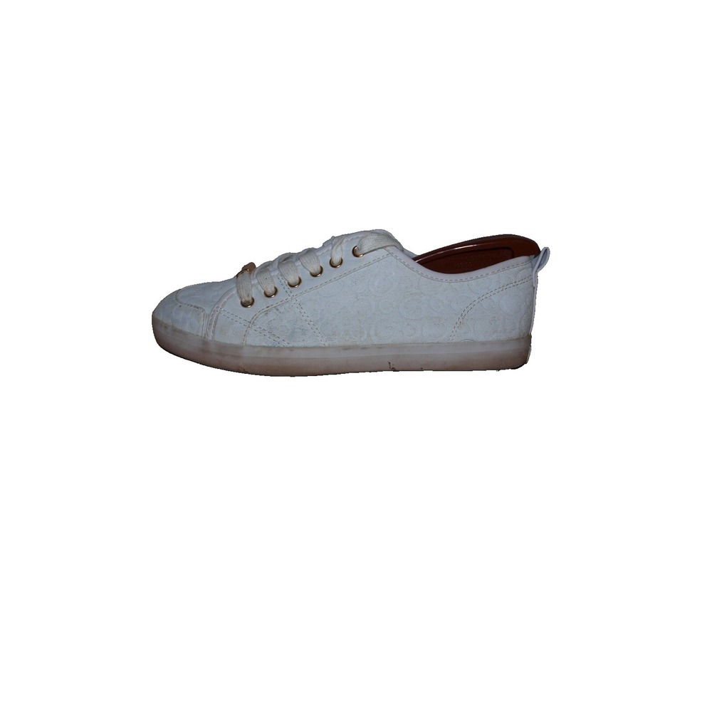 Guess White Canvas Sneakers Women's 7M Lace-Up Logo Casual Designer Shoes Clean‎